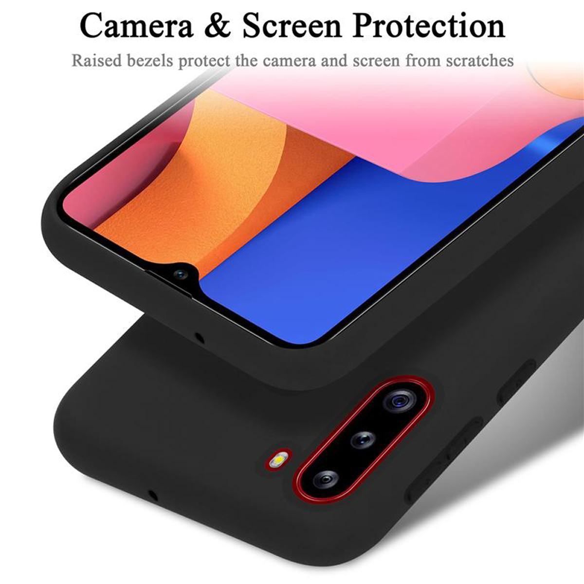 Schwarze Handyhülle mit Telefon. Text: Kamera- und Bildschirmschutz, mit erhöhten Blenden.