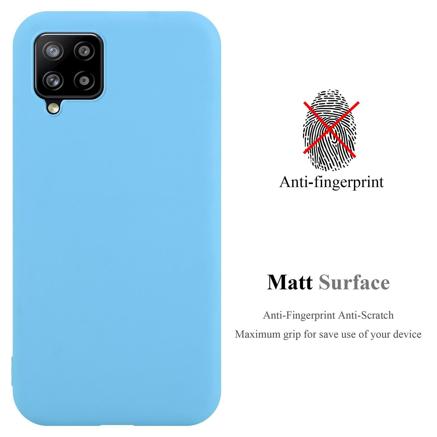 Custodia blu per telefono. Caratteristiche: Anti-impronta, Superficie opaca. Testo e icona impronta digitale visibili.