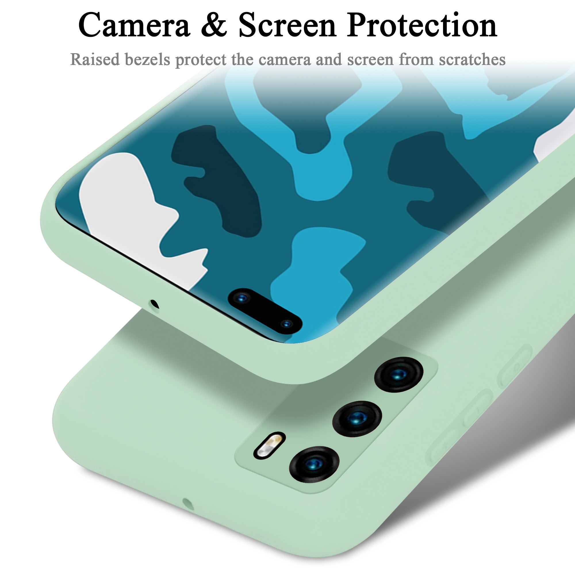 Custodia per telefono con protezione schermo mimetica. Testo: Protezione fotocamera e schermo, bordi rialzati.
