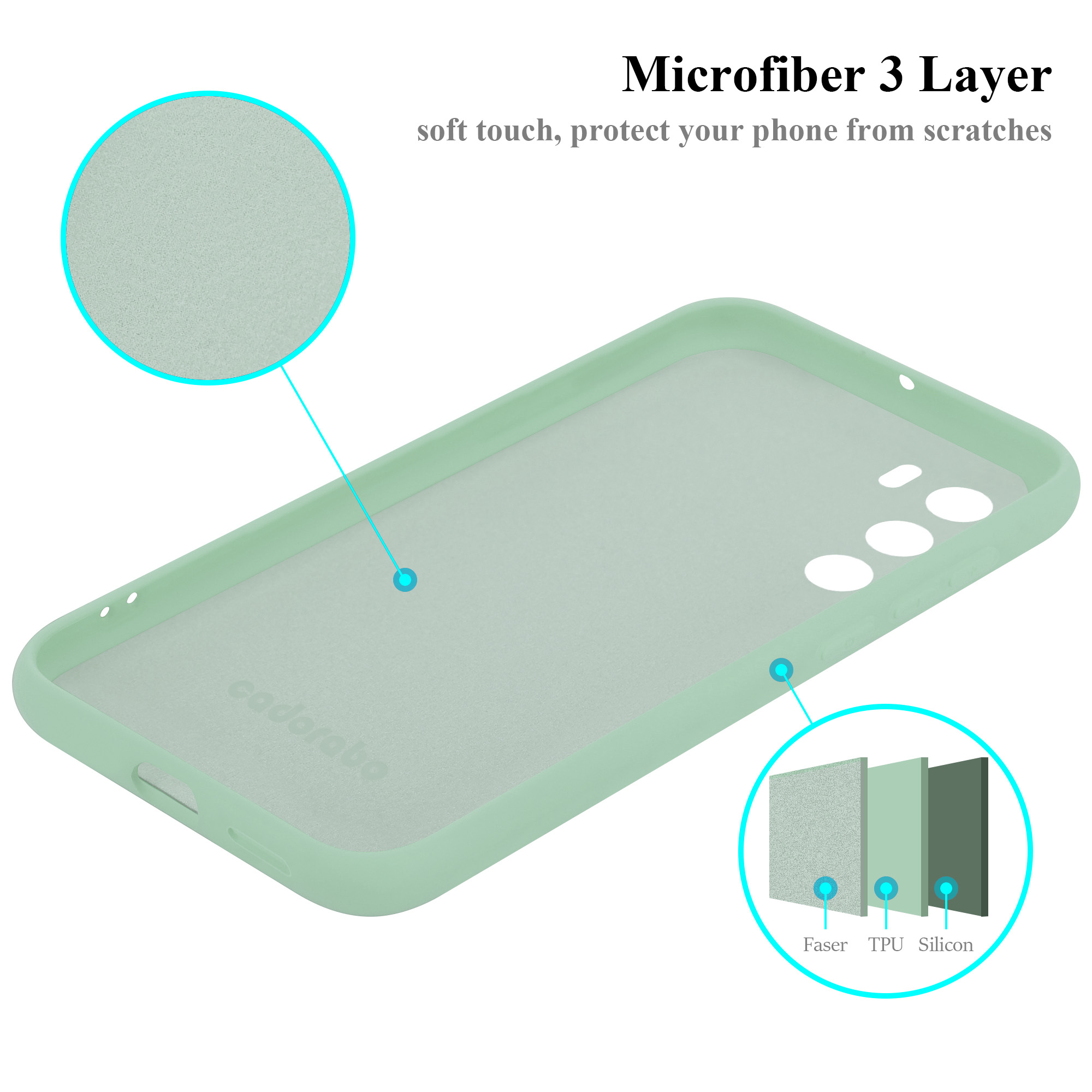 Una custodia per telefono verde chiaro con un diagramma che mostra i 3 strati della custodia. Sfondo bianco.