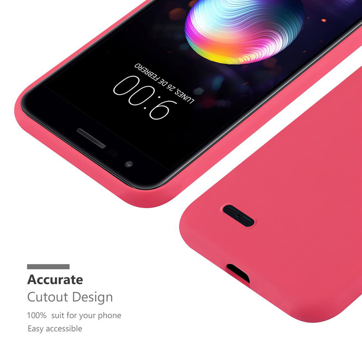 Una custodia rosa per telefono è mostrata con un telefono. Il telefono mostra l'ora e la custodia ha ritagli.