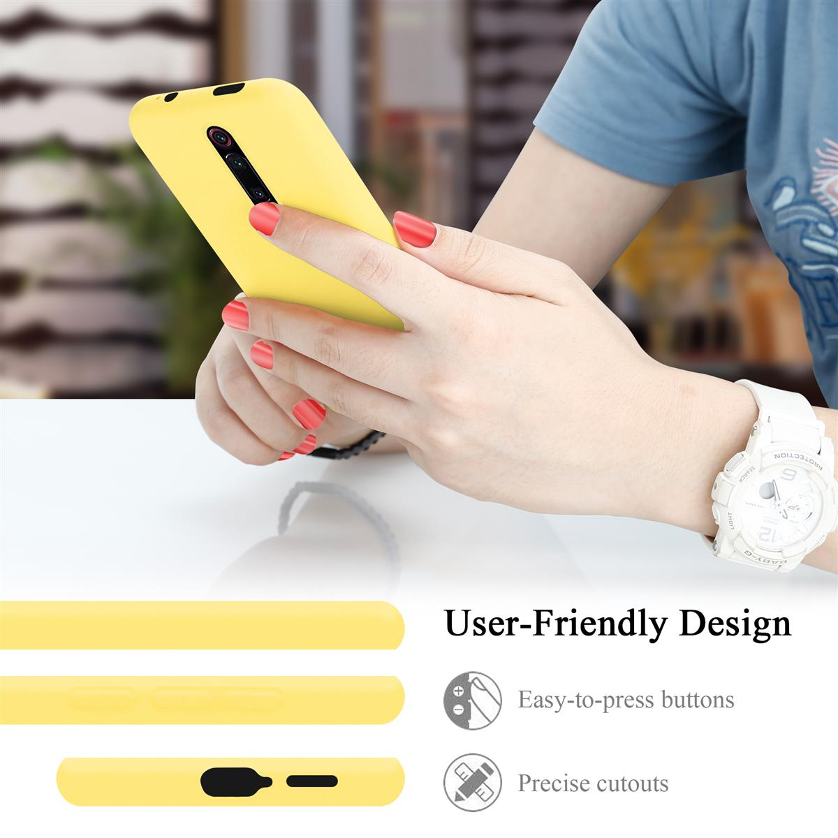 Hände einer Frau, die ein gelbes Telefon halten, mit Details zu benutzerfreundlichen Designmerkmalen.