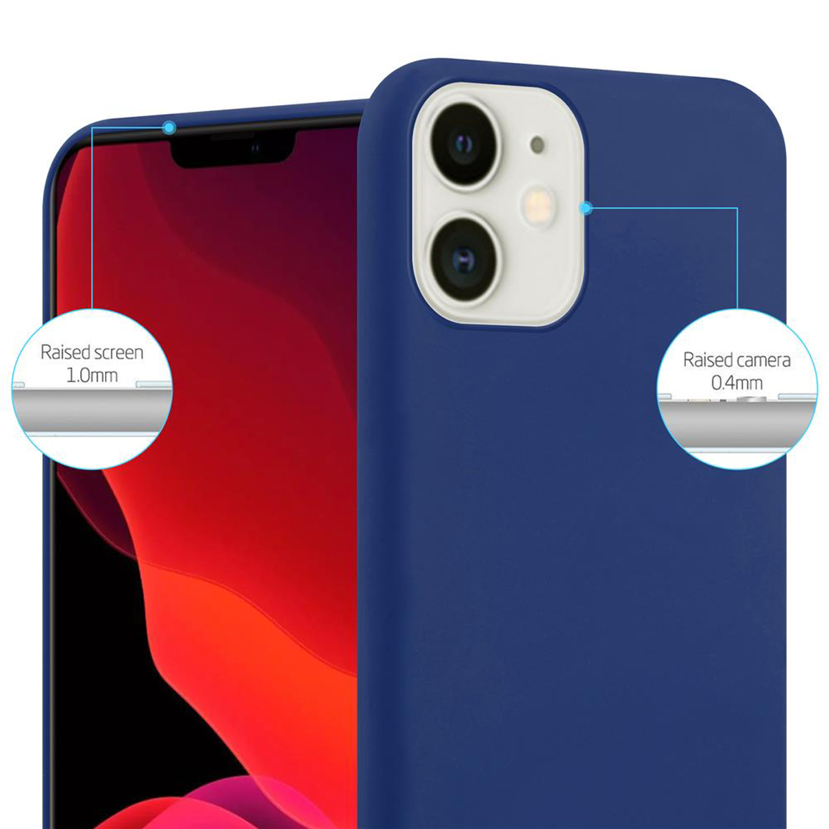 Una custodia blu navy con un telefono rosso. Schermo rialzato 1,0 mm e fotocamera rialzata 0,4 mm sono etichettati.