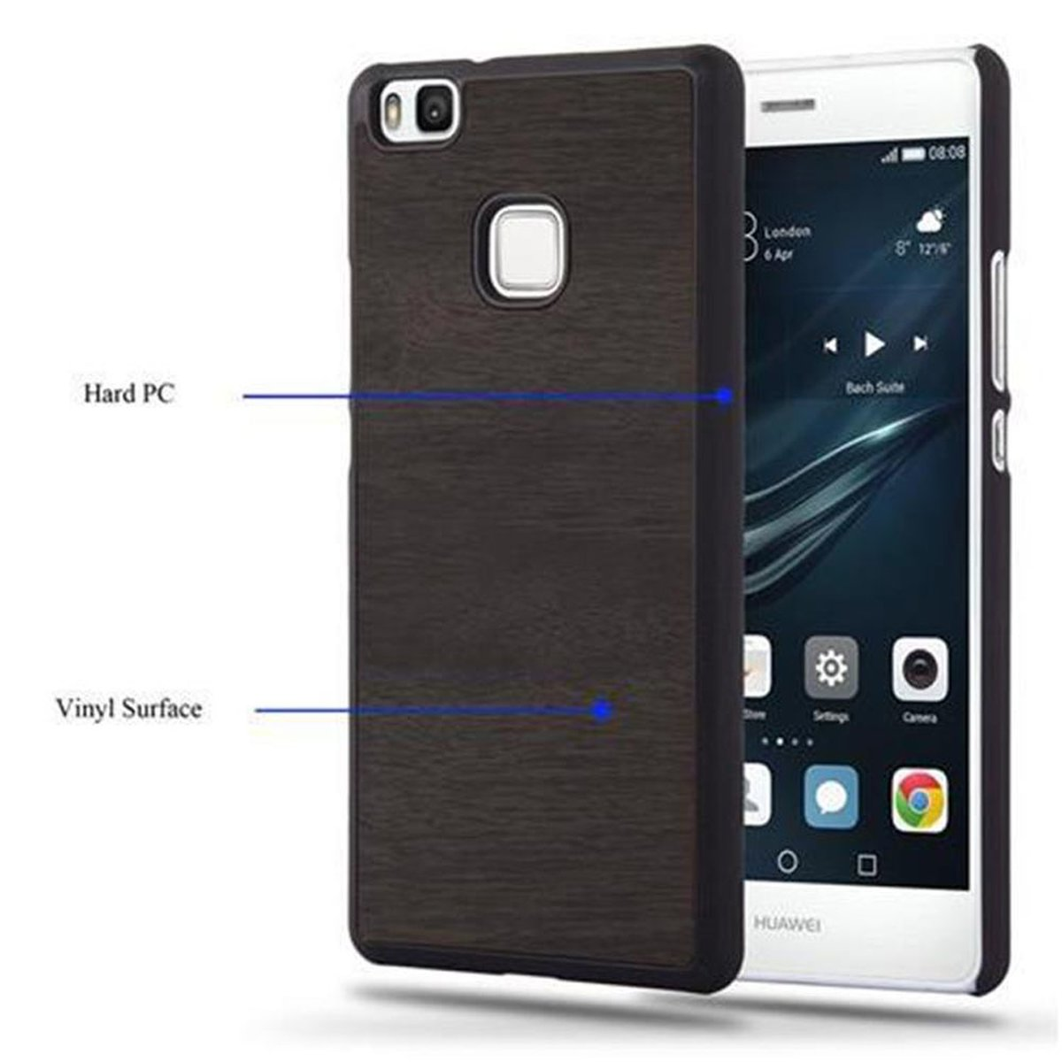 Custodia per telefono nera e marrone con motivo a venature del legno. Un telefono bianco accanto alla custodia.