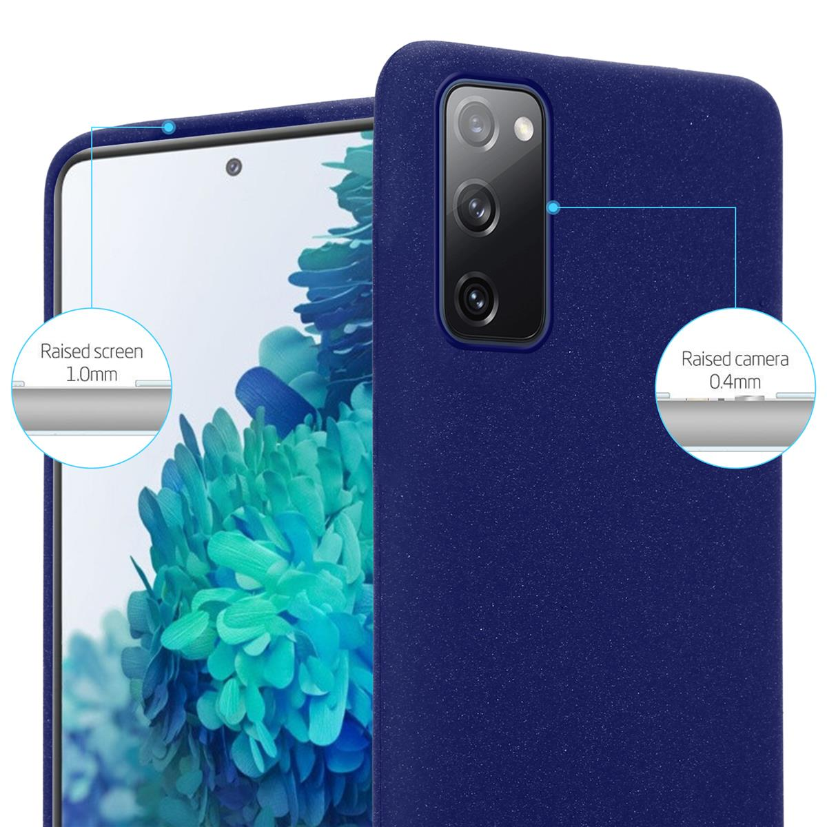 Custodia blu con protezione schermo. Il testo mostra lo schermo e la fotocamera rialzati del telefono.