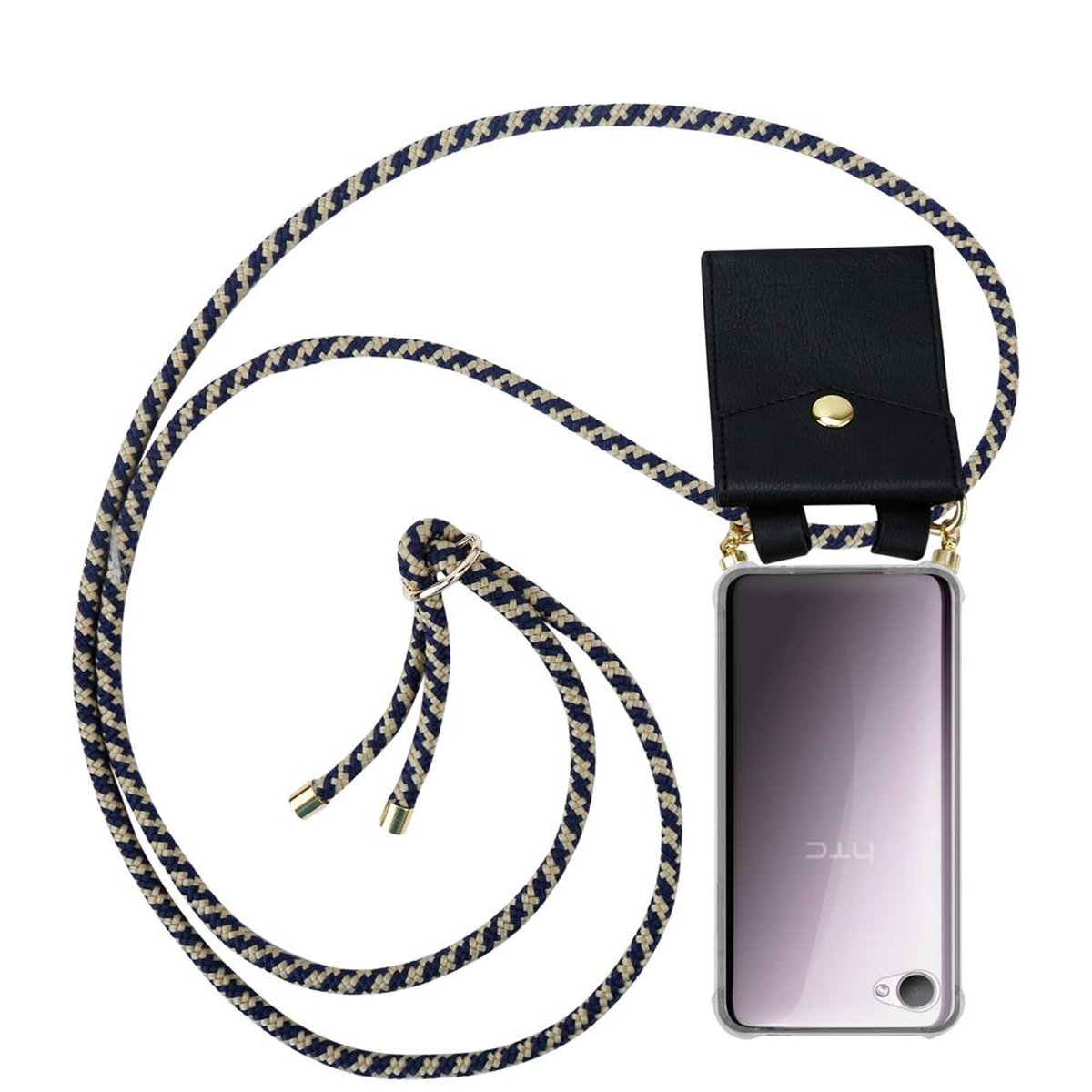 Telefon mit marineblau-beigem Seilriemen und schwarzem Brieftaschenetui, weißer Hintergrund.