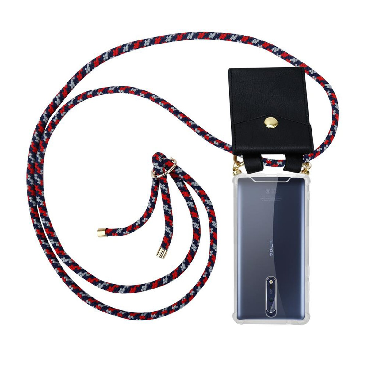 Telefon mit Riemen. Schwarze Hülle mit rot-weiß-blauem Riemen. Das Telefon ist sichtbar.