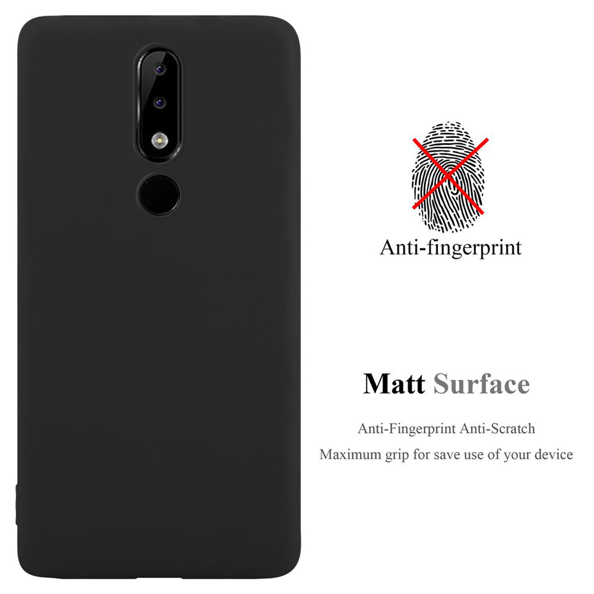 Schwarze Handyhülle mit Kameralöchern, Fingerabdrucksymbol mit einem Strich und den Worten Matt Surface.