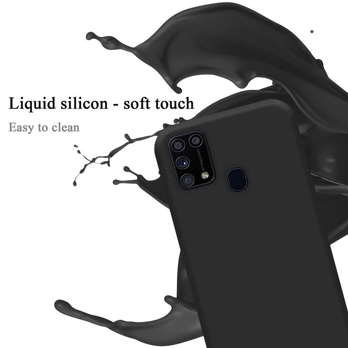 Custodia nera per telefono con un telefono. Schizzo di liquido nero sullo sfondo. Testo: Silicone liquido - tocco morbido.