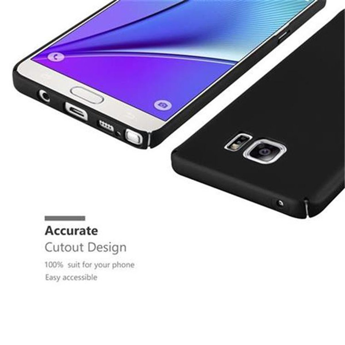 Zwei schwarze Handyhüllen mit Telefonen. Präzises Design für Aussparungen.