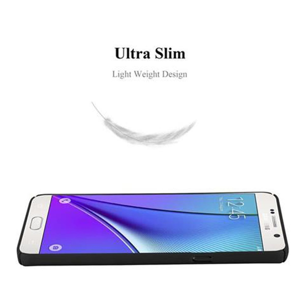 Telefon in einer schwarzen Hülle. Text: Ultra Slim. Leichtes Design. Eine Feder schwebt über dem Telefon.