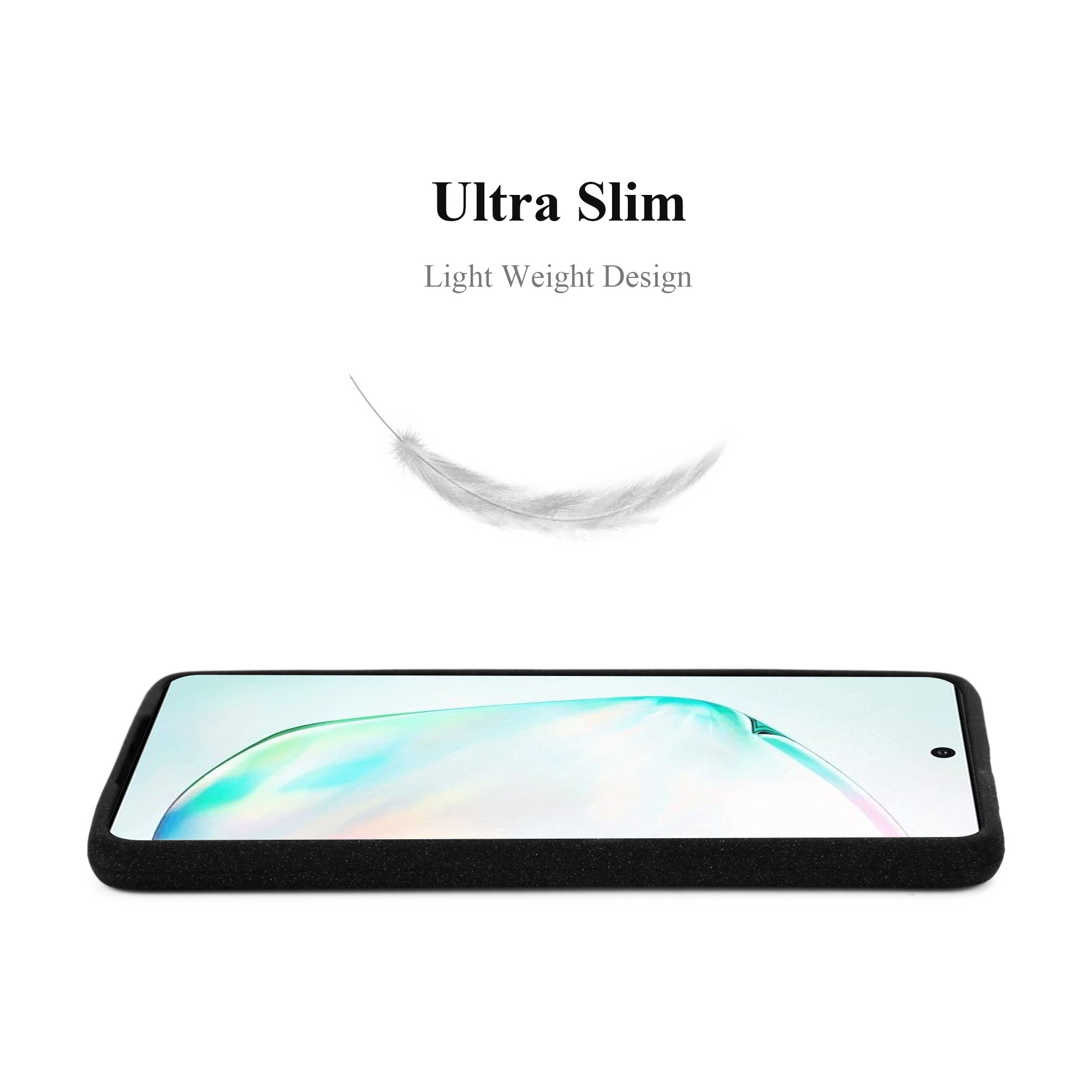 Custodia nera con telefono all'interno. Testo: Ultra Slim, Light Weight Design. Sfondo bianco.