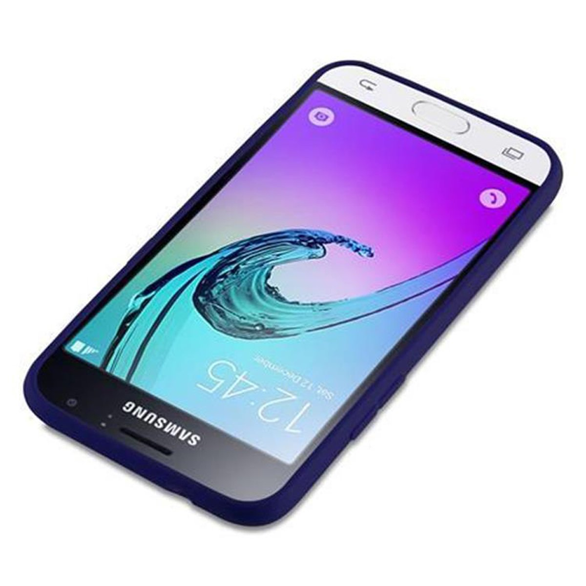 Un telefono con schermo viola dentro una custodia blu, su sfondo bianco.