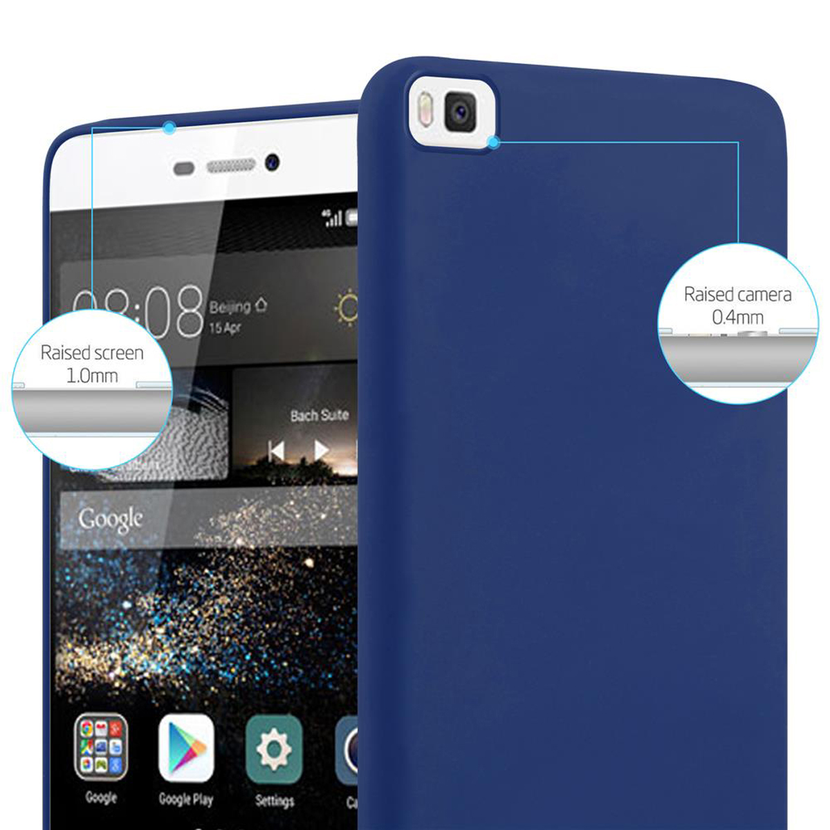 Un telefono bianco con custodia blu. La custodia ha protezione schermo e fotocamera rialzata.