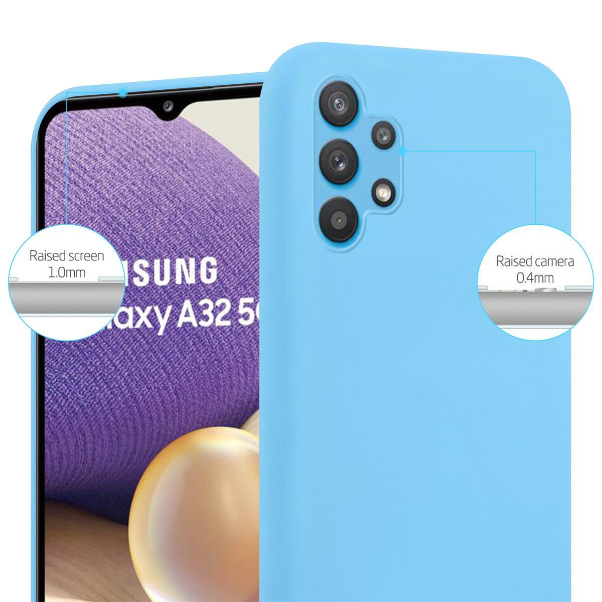 Custodia blu con telefono. Il testo indica protezione schermo e fotocamera rialzate.