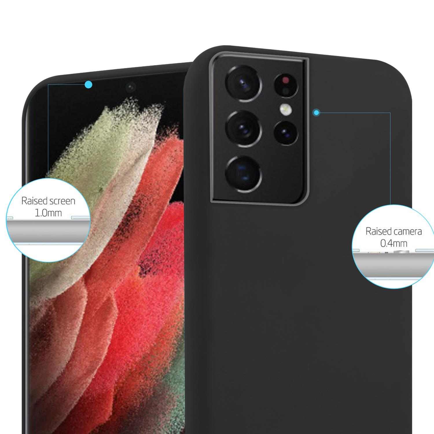 Primo piano di una custodia per telefono nera con protezione schermo e fotocamera rialzata indicata.