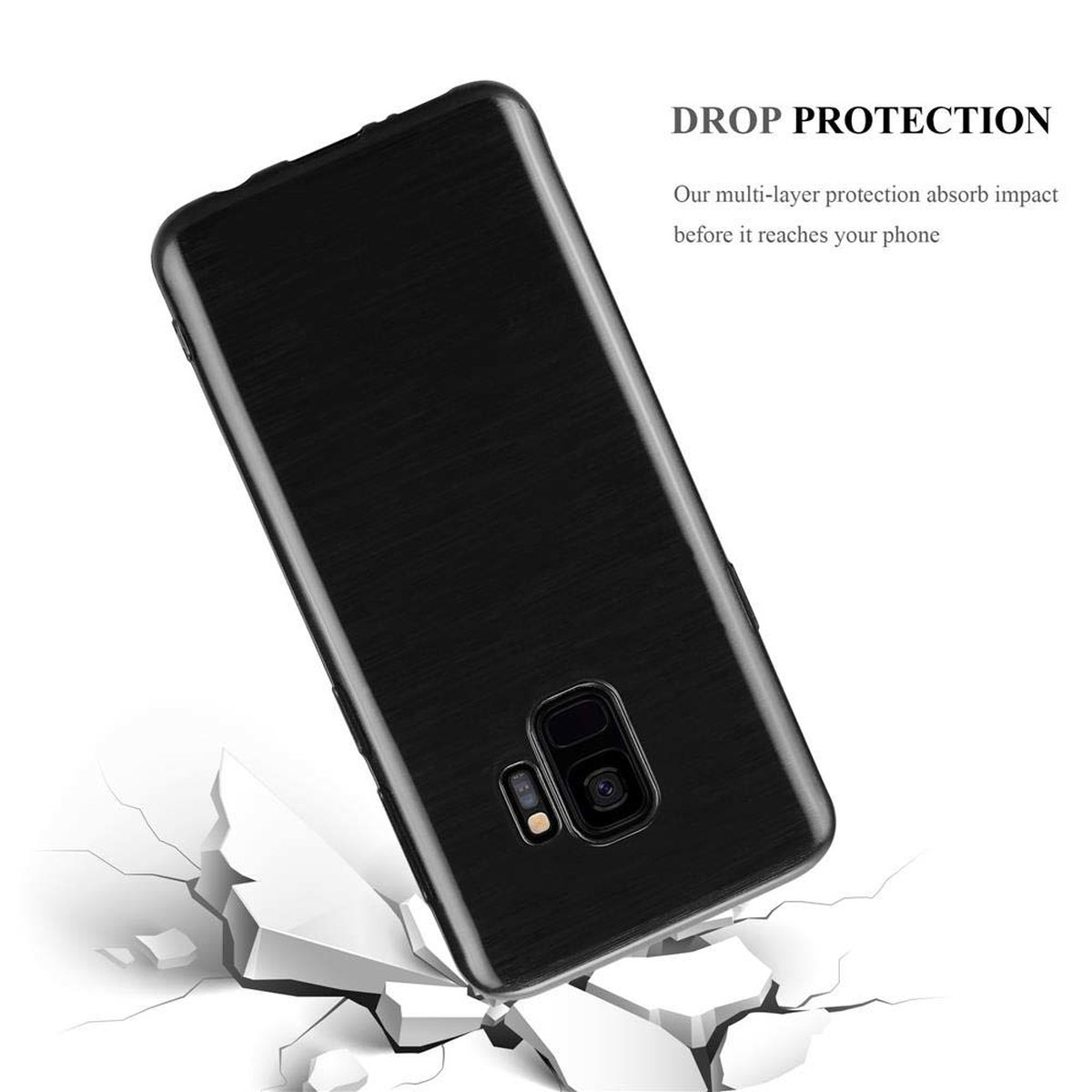 Custodia per telefono nera che cade, impatta una superficie con una crepa. Testo: DROP PROTECTION.