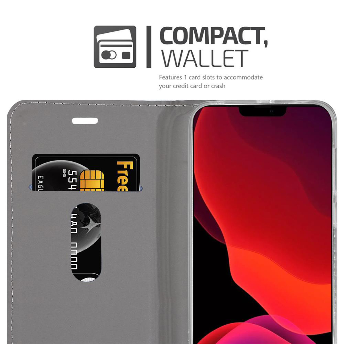 Una custodia per telefono con carta di credito e uno slot. Dice: 'Compact, Wallet'.