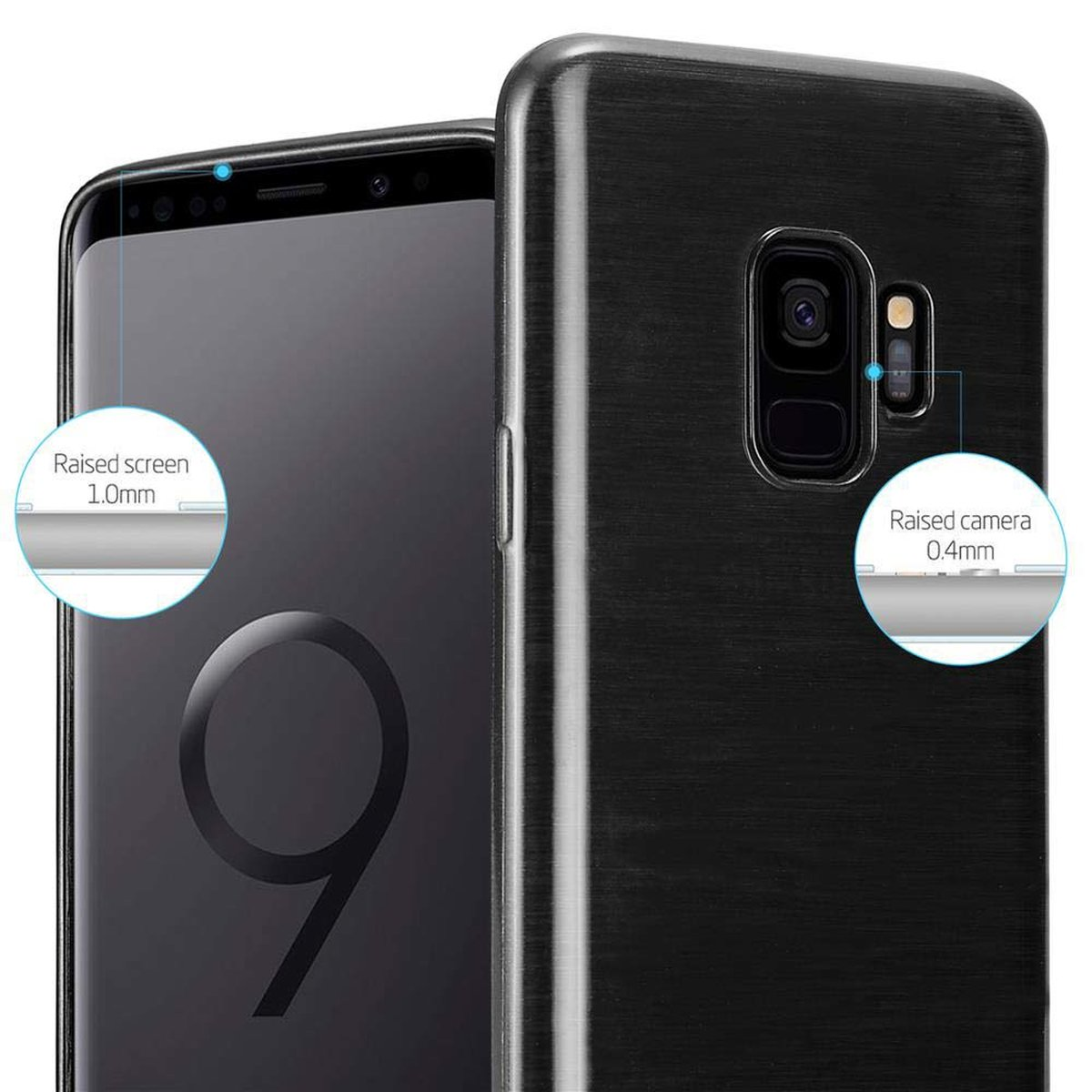 Custodia nera con telefono nero. Le annotazioni evidenziano lo schermo e la fotocamera rialzati.