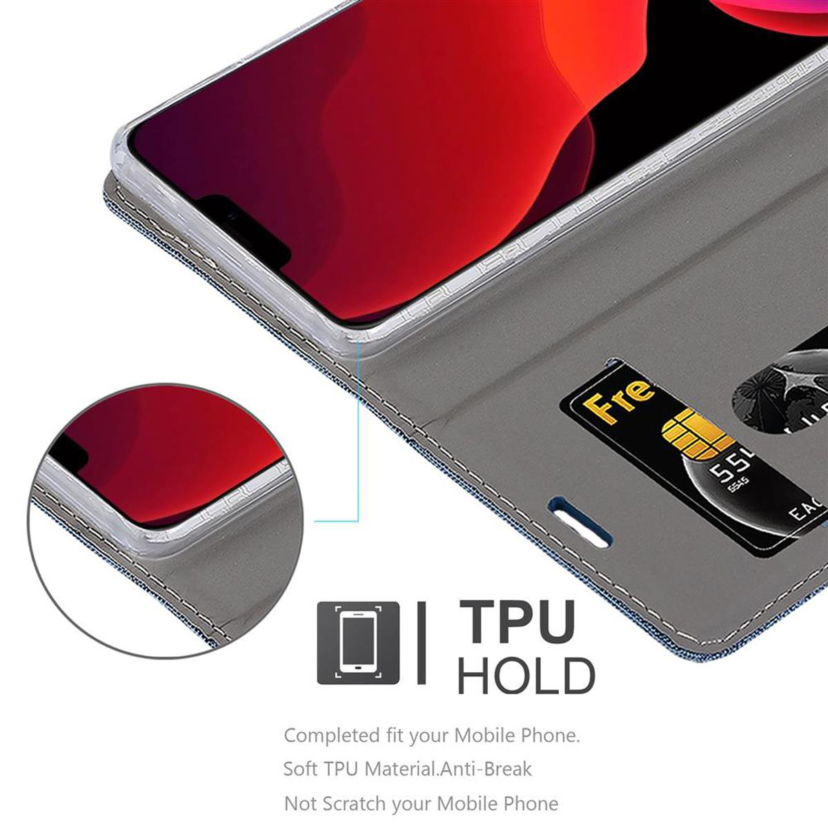Telefono in una custodia grigia con carta di credito. Lo schermo mostra un'interfaccia rossa. C'è scritto TPU HOLD.