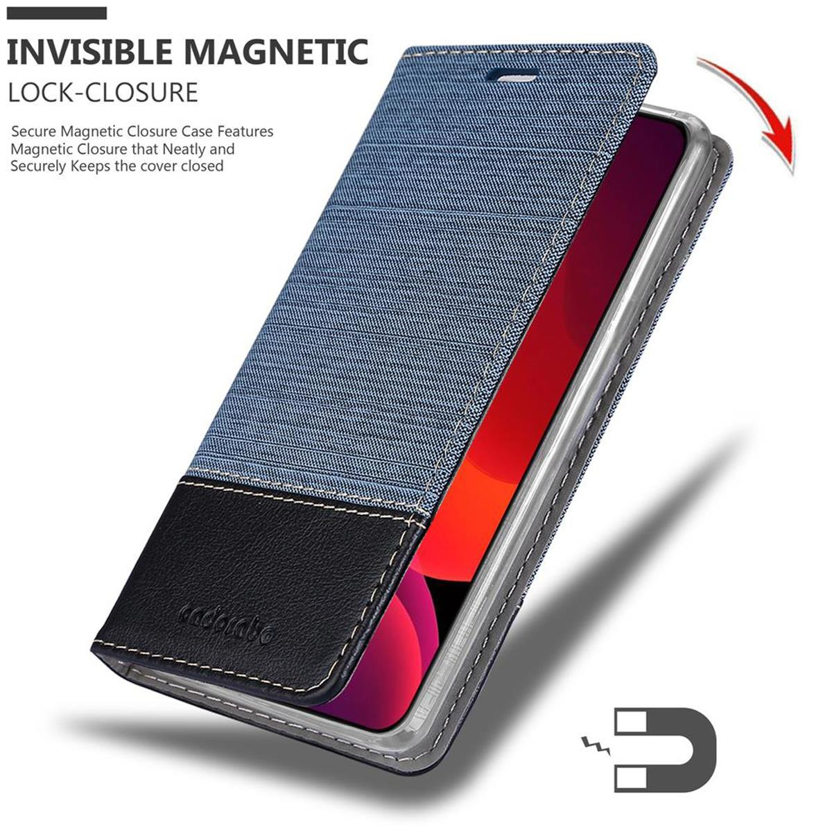 Custodia blu e nera con texture denim. Testo: Chiusura magnetica invisibile.