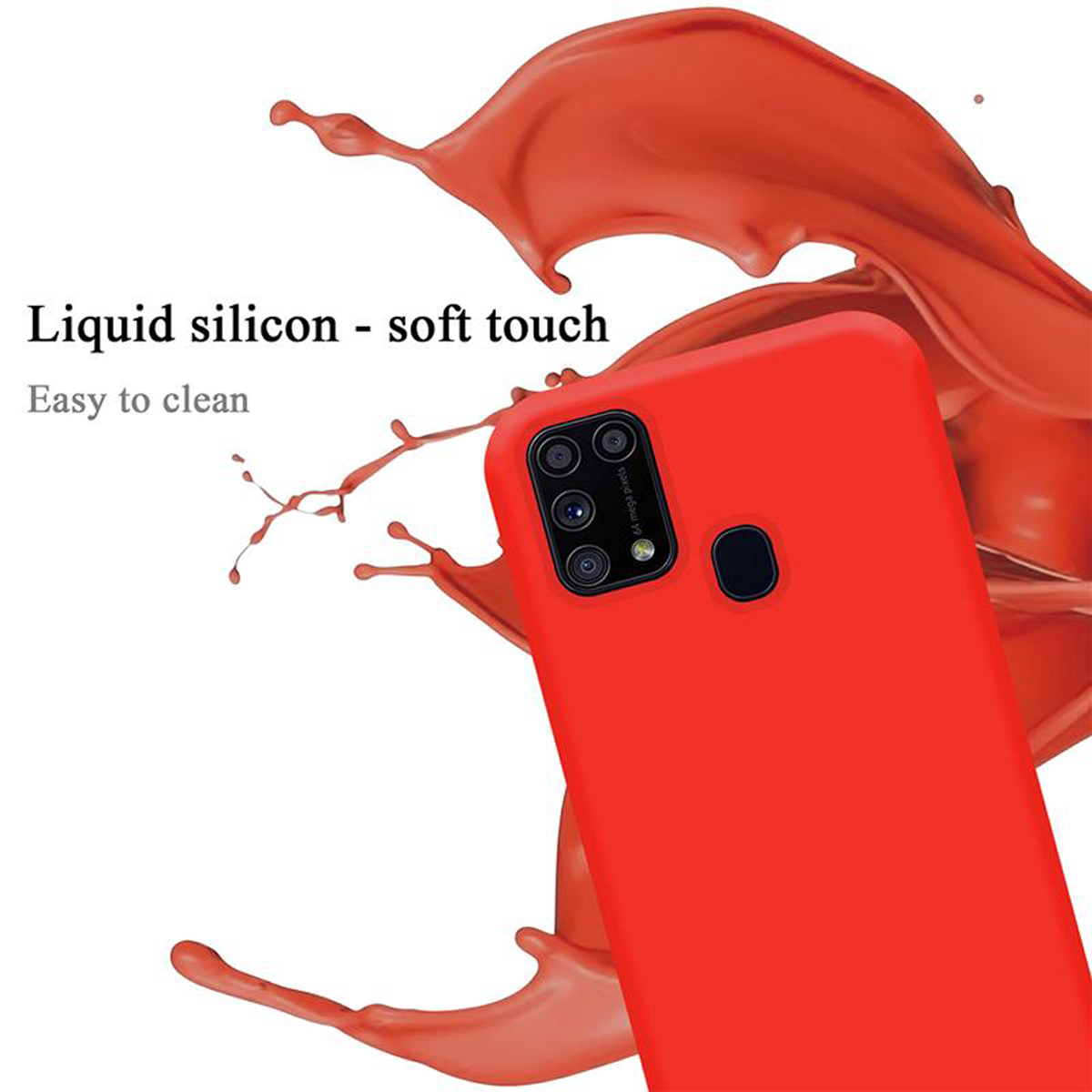 Custodia rossa per telefono con fotocamera. Testo: Silicone liquido - tocco morbido. Facile da pulire. Schizzo rosso sullo sfondo.
