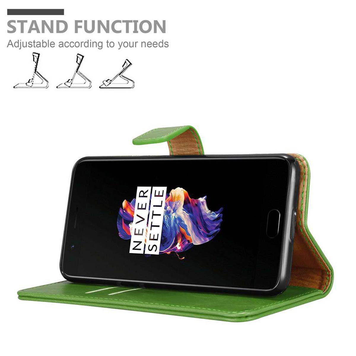 Custodia per telefono verde con telefono che mostra un'immagine colorata, con funzione di supporto.