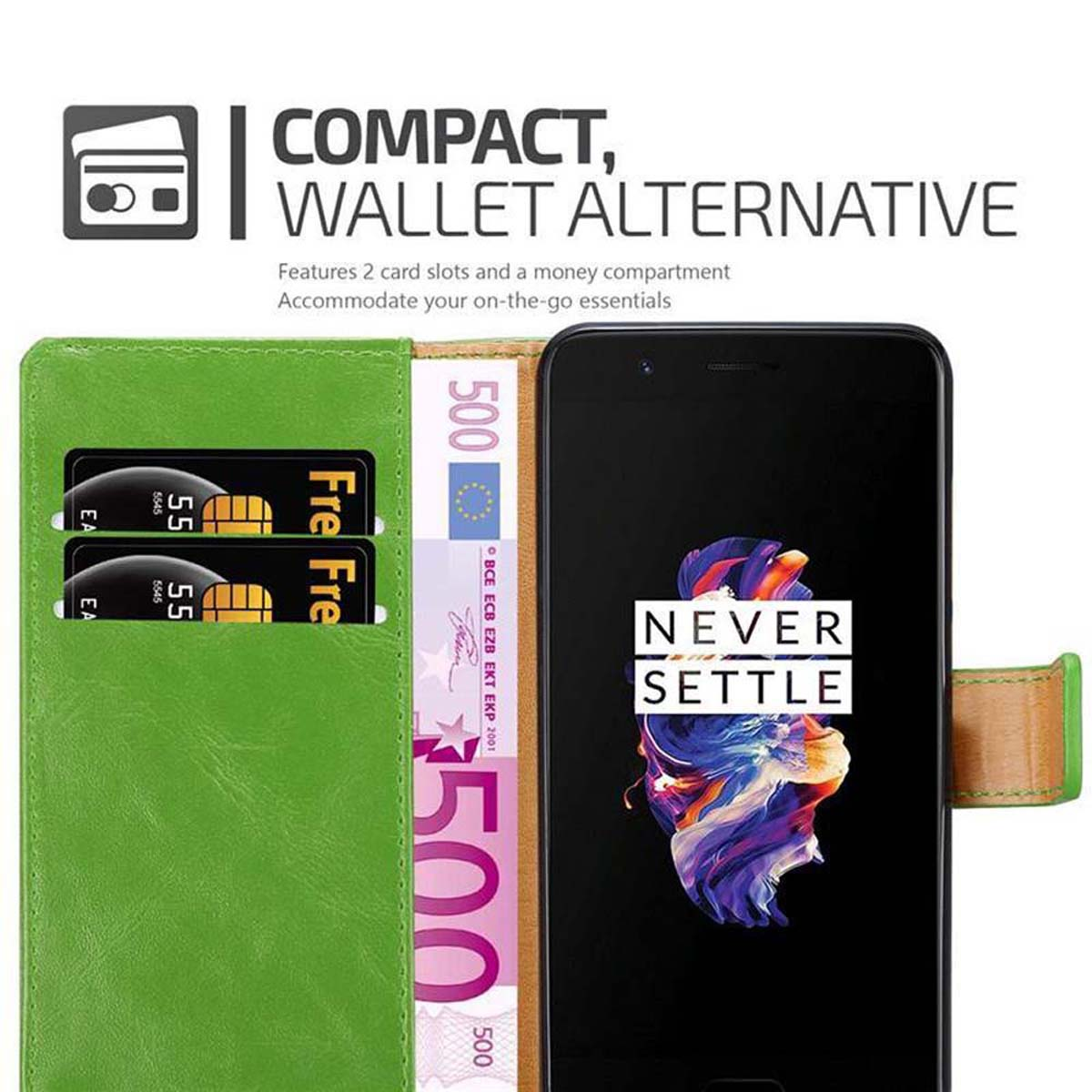 Custodia a portafoglio verde con scomparti per carte, denaro e un telefono con 'NEVER SETTLE'. 