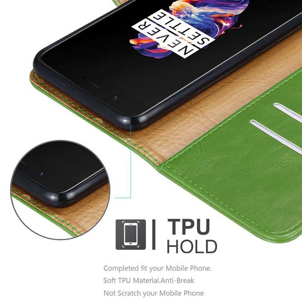 Custodia nera con interno verde, che mostra il testo TPU HOLD.