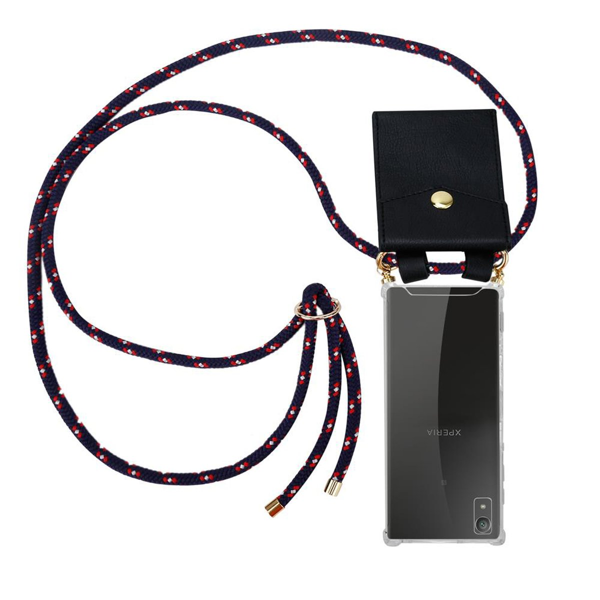 Telefon mit Lanyard. Schwarze Hülle mit blau-rotem Seil. Weißer Hintergrund.