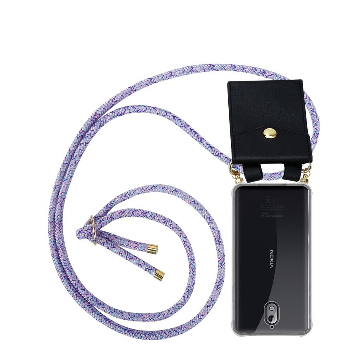 Nokia-Telefon mit lila Schlüsselband, klarer Hülle und schwarzer Hülle, weißer Hintergrund.