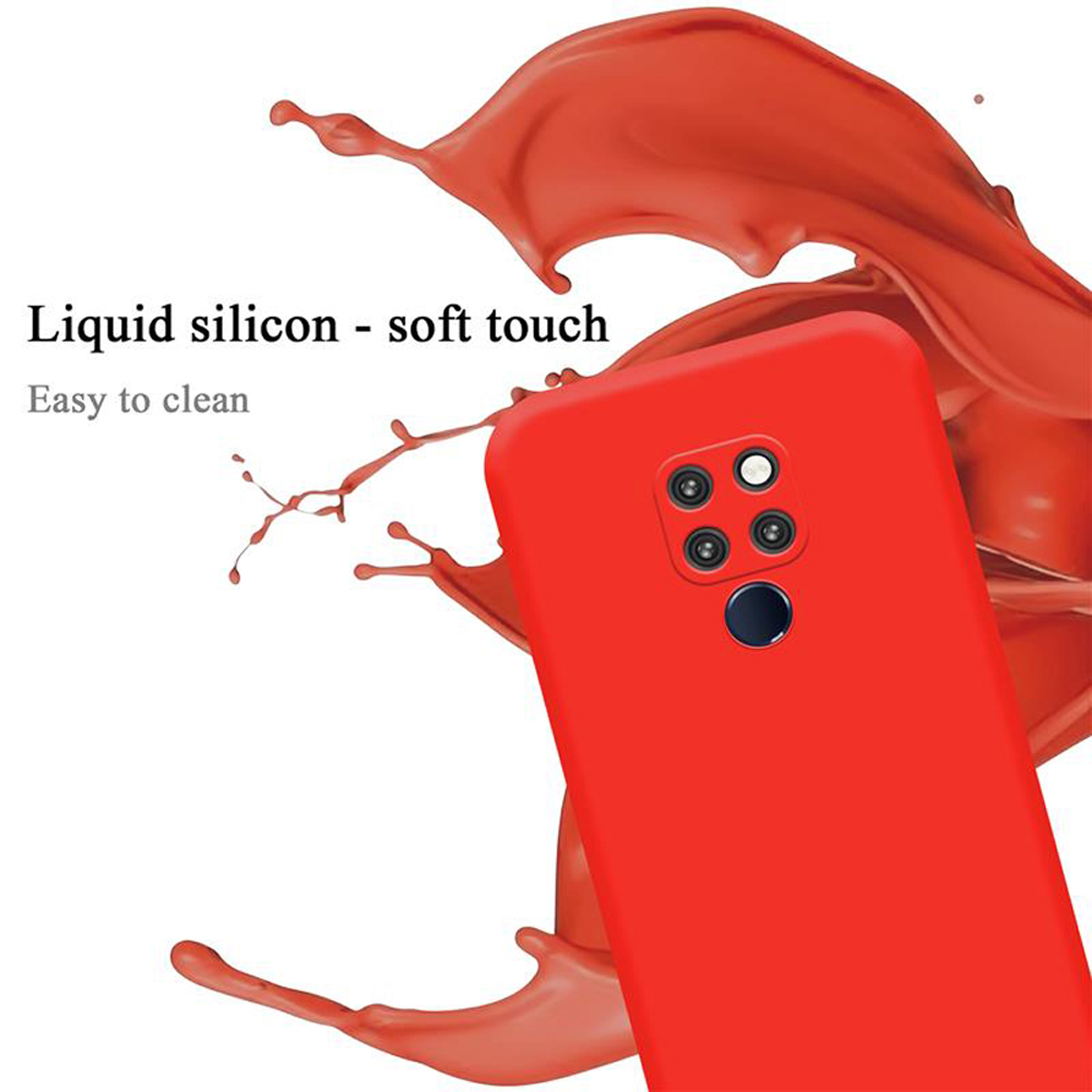 Rote Handyhülle mit Telefon und rotem Spritzer. Text: Flüssiges Silikon-Soft-Touch, leicht zu reinigen. Weißer Hintergrund.
