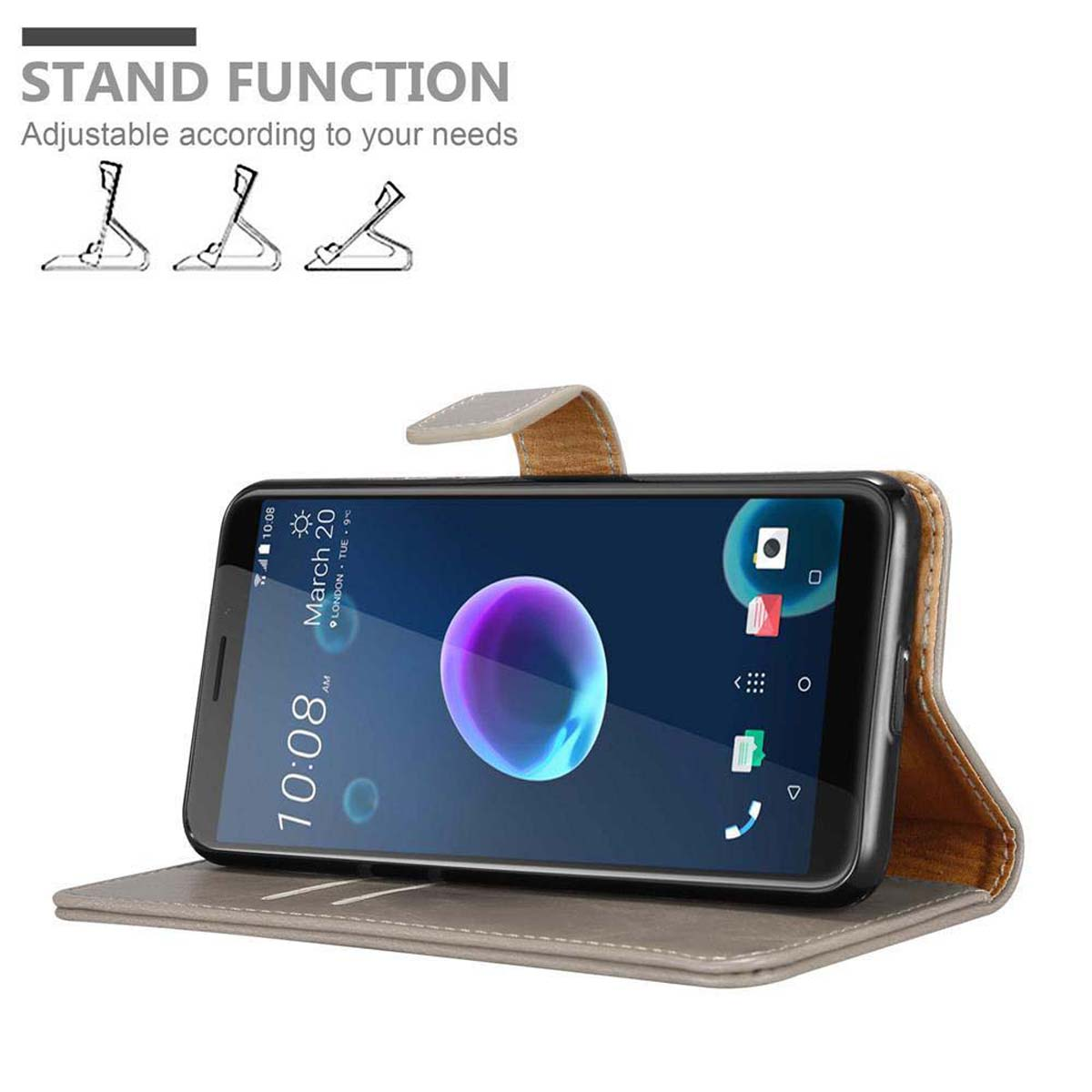 Telefono in una custodia, aperto per rivelare lo schermo. Testo in alto: 'Stand Function'.