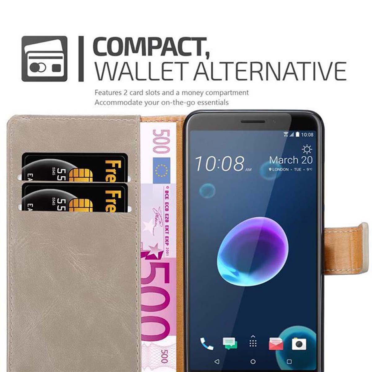 Custodia per telefono con slot per carte e scomparto per denaro.