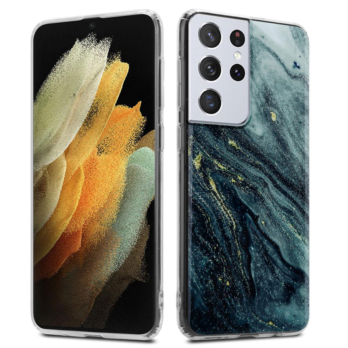 Custodia per telefono, trasparente con un design marmorizzato. Il design posteriore ha una texture blu e oro. Il telefono è in mostra.