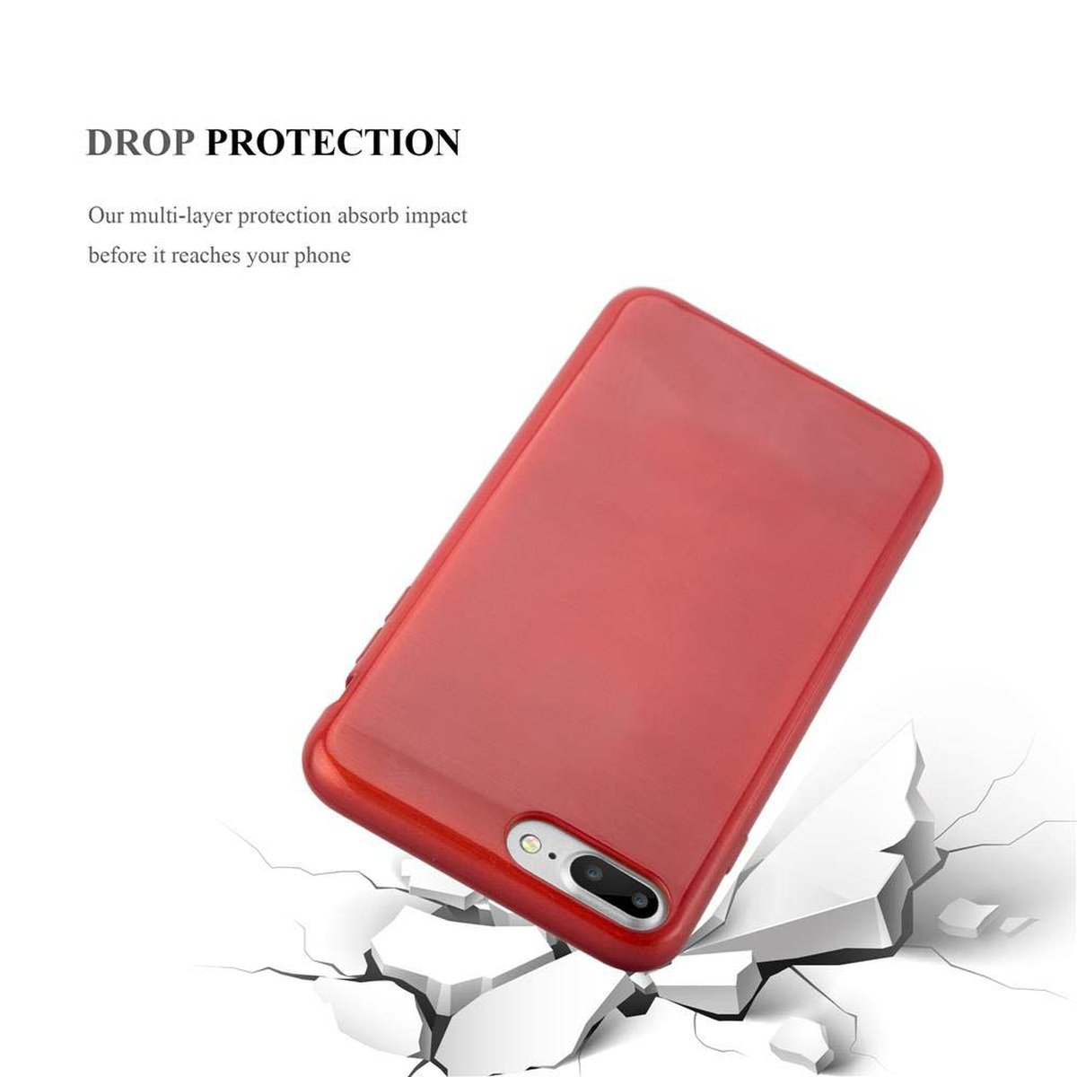 Una funda roja para teléfono sobre una superficie blanca con grietas. El fondo es blanco liso.