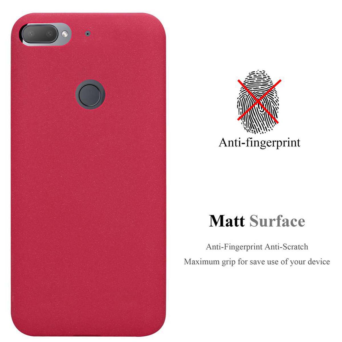 Una custodia rossa per telefono con descrizioni anti-impronte e superficie opaca, con un simbolo di impronta digitale sbarrato.