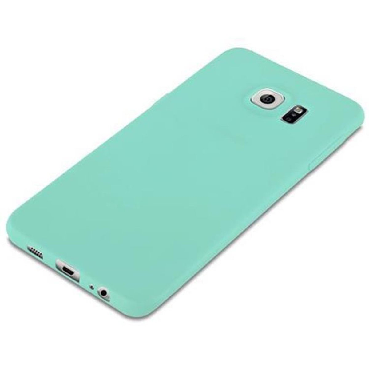 Una custodia per telefono verde menta. La fotocamera e le porte sono visibili.