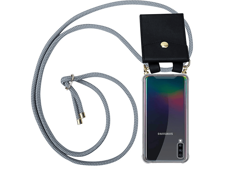 CADORABO Handy Kette mit Gold Ringen, A70s, / Samsung, abnehmbarer Hülle, und A70 Band Backcover, GRAU Kordel Galaxy SILBER