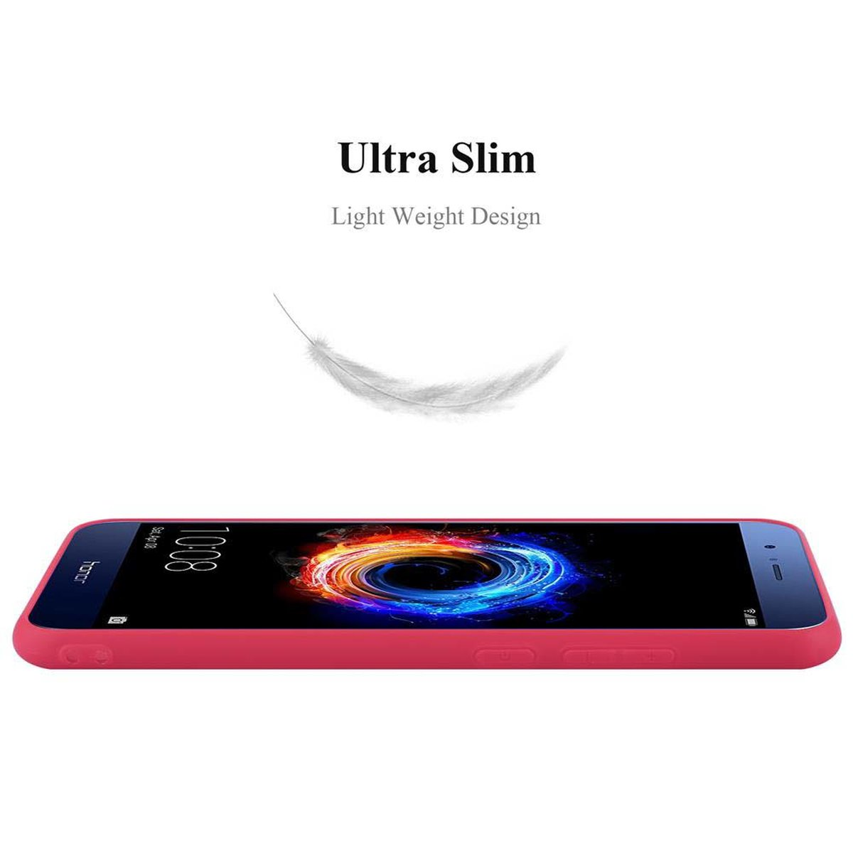 Rosa Handyhülle mit sichtbarem Bildschirm. Text 'Ultra Slim' und eine Feder befinden sich oben.