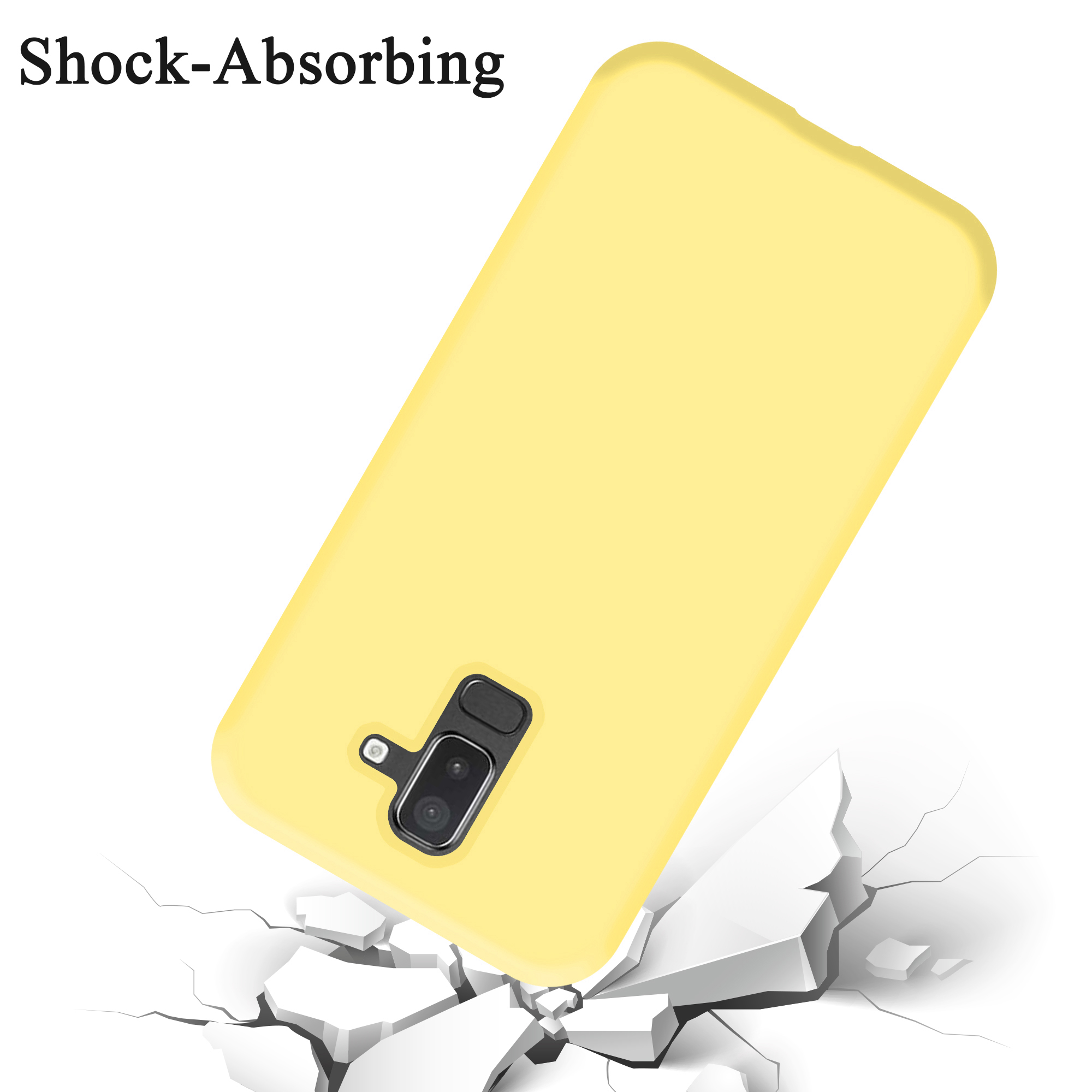 Eine gelbe Handyhülle mit einem fallenden Telefon und einer weißen, rissigen Oberfläche.