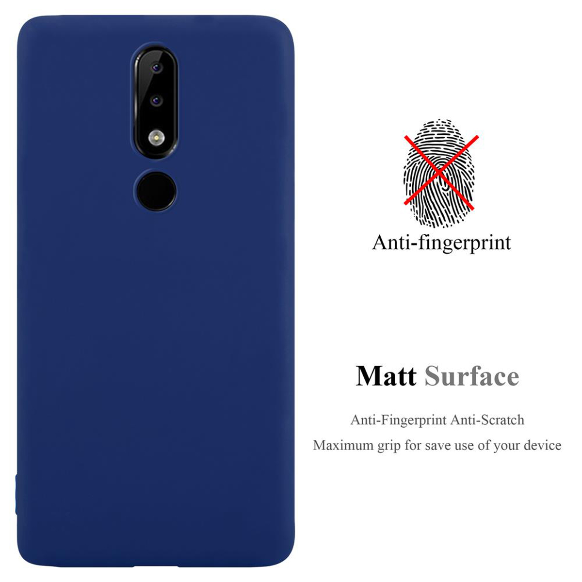 Eine dunkelblaue Handyhülle mit Text und einem Fingerabdrucksymbol, mit weißem Hintergrund.