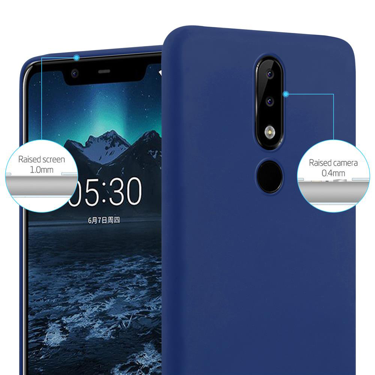 Blaue Handyhülle mit Telefon, mit den Texten 'Raised screen 1.0mm' und 'Raised camera 0.4mm'.