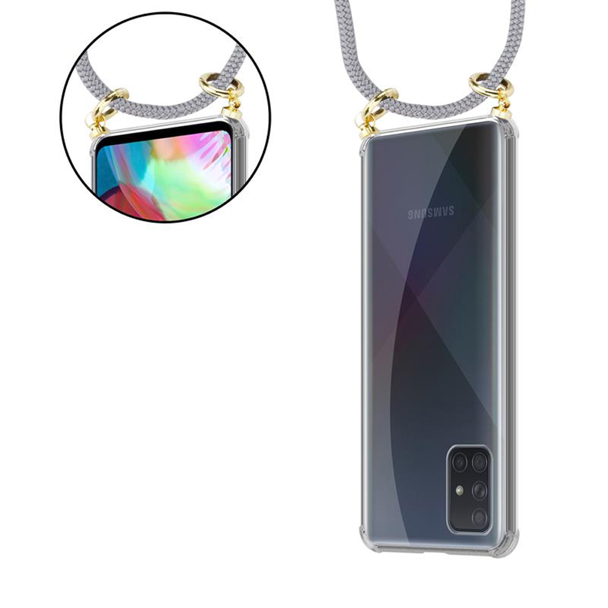 CADORABO Handy Kette mit Gold Samsung, Kordel Hülle, Ringen, A51 Band Backcover, SILBER Galaxy abnehmbarer und 5G, GRAU