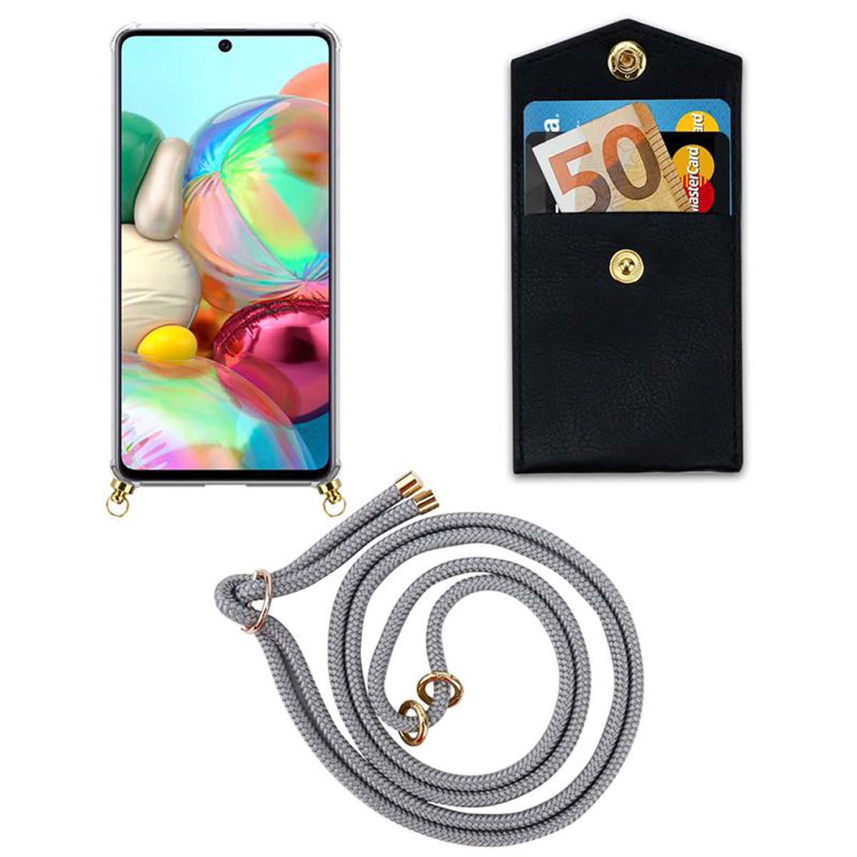 CADORABO Handy Kette mit Kordel Gold Ringen, GRAU Galaxy Backcover, A51 5G, SILBER Band Samsung, Hülle, abnehmbarer und