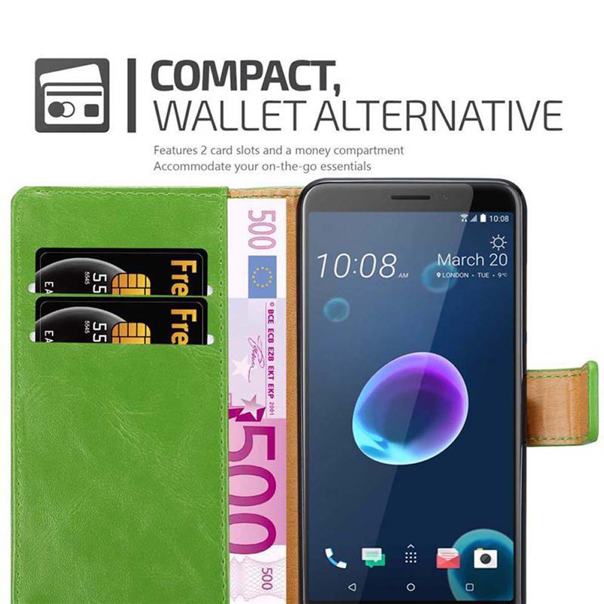 Custodia per telefono con copertina verde che mostra telefono, carte e denaro. Testo: Compatto, Alternativa al portafoglio.