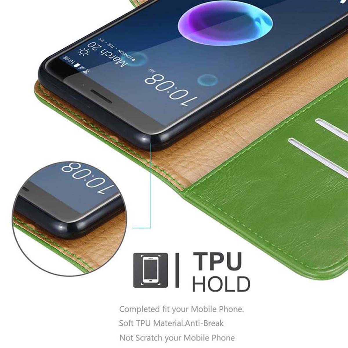 Custodia per telefono con design verde e marrone, un telefono e un primo piano del telefono con custodia verde.