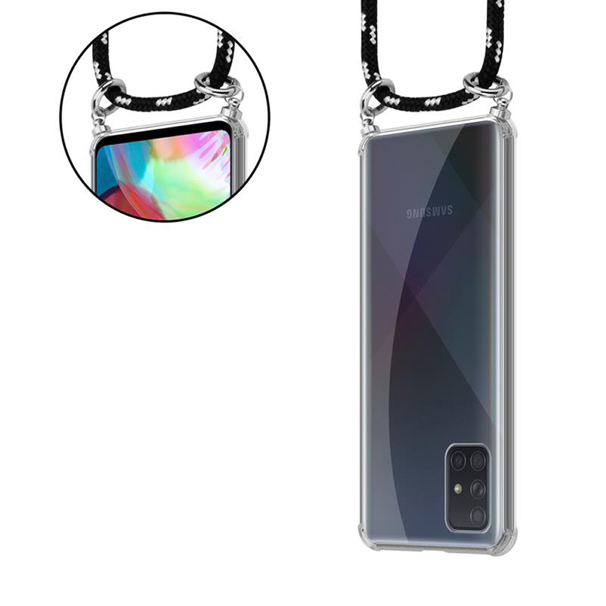 CADORABO Handy Kette mit Silber Kordel SCHWARZ A51 abnehmbarer SILBER Hülle, Samsung, 5G, Backcover, und Galaxy Ringen, Band