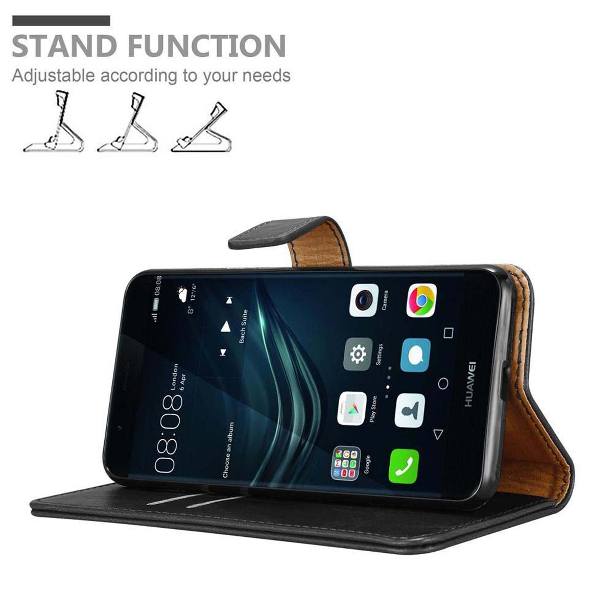 Telefono nero in custodia di pelle marrone, aperto per mostrare lo schermo, con funzione stand. Logo Huawei.