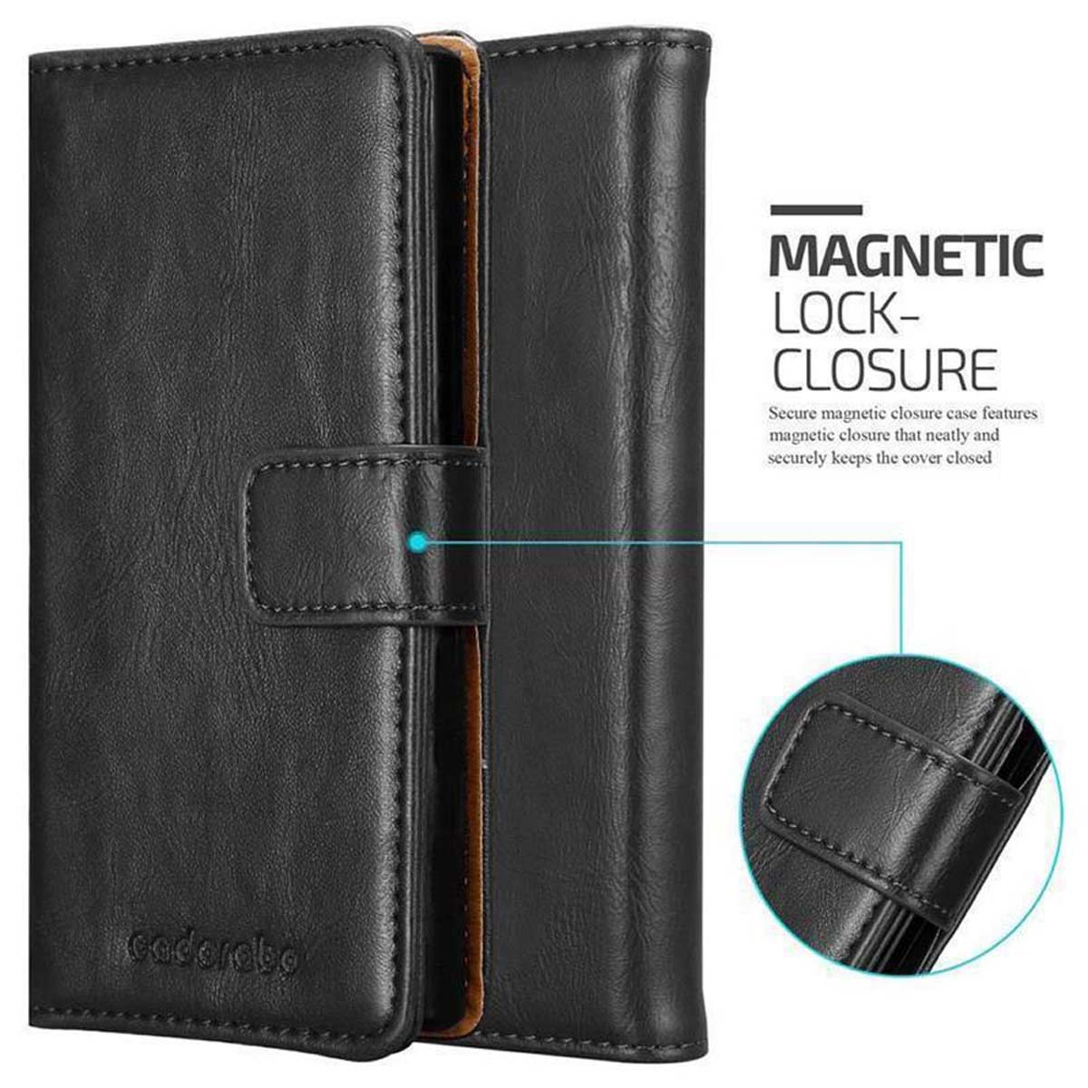 Custodia per telefono nera, chiusura magnetica. La cover è chiusa.